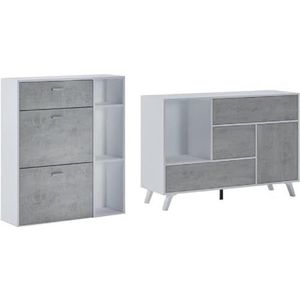 Skraut Home Inkomhal Set | Eetkamer | Extra meubel| Dressoir Schoenenkast (Blanco-Cemento)