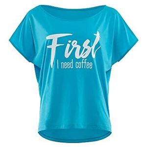Winshape Dames Ultra licht Modal Shirt met korte mouwen MCT002 First I Need Coffee T-Shirt Glitter Print hemelsblauw/wit, XL