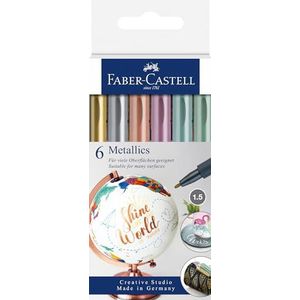 Faber-Castell 160706 metallic marker met vezelpunt, 1,5 mm lijnbreedte, geschikt voor vele oppervlakken, met metallic effect in goud, zilver, brons, paars, blauw en groen, 6 stuks