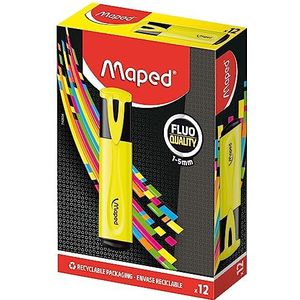 MAPED - Doos met 12 markeerstiften Fluo'Peps Classic, geel - schitterende kleuren om je tekst te accentueren - Beitelpunt voor lijntjes van 1 tot 5 mm