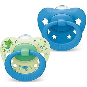 NUK Signature siliconen fopspeen in set van 2, BPA-vrij, voor baby's van 18 tot 36 maanden, kalmeert 95% van de baby's, met etui, blauwe sterren