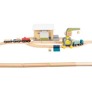 Small Foot - Merktandplaats van hout, met vrachtwagen, locomotief, schuifdeur, 360 graden draaibare kraan en speelgoedrails, 11377, meerkleurig