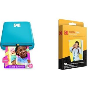 KODAK Step draadloze mobiele fotoprinter met zinktechnologie (blauw) geschenkverpakking + fotopapier, zink, zelfklevend, 5 cm x 8 cm (50 vellen)