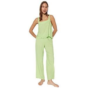 Trendyol Effen ruffle gedetailleerde middle woven camisole broek pyjamaset, groen, 36 dames, groen, 36, Groen