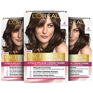 L'Oréal Paris Excellence 4 Haarverf, 100% grijs, permanente haarkleurset met kleuring, shampoo en 3 crèmekleuren, Excellence, middenbruin, 3 x 268 g