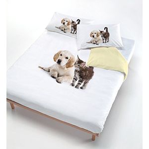 Digital Beddengoedset voor tweepersoonsbed, 100% katoen, meerkleurig (502 hond, kat, crème)