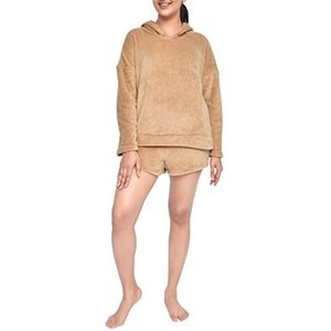Sleepdown Dames Toffee fleece hoodie en korte loungwear set met capuchon en shorts van koraalwol, Caramel bruin