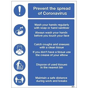 Semi-stijf PVC-schild ""Prevent the spread of coronavirus"", ""Wash Hands Use Tissue "", ""Gebruik B"", ""Hold 1M social afstand"" (400 x 600 mm)