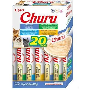 INABA Churu Multipack Puree - kattentraktaties om met de hand te voeren - 20 tubes - 5 x tonijn, 5 x tonijn met kip, 5 x tonijn met sint-jakobsschelpen en 5 x kaasttonijn