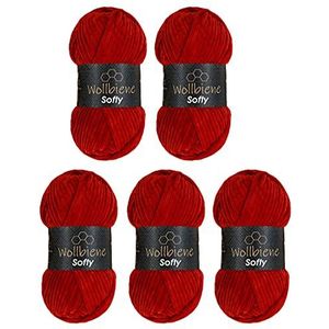Wollbiene Softy Set van 5 bollen chenille breiwol voor baby en haakwerk, 100 g, 500 g in totaal. chenille wol, super volumineus haakgaren, donkerrood 89