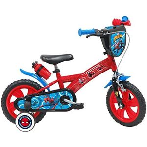 Atlas 12 inch Spiderman fiets met 1 rem, decoratief voorpaneel, spatbord, carter en stabilisatoren, jongens, rood