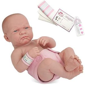 JC TOYS 18501 18111 Baby Vinyl De Newborn pop in wit/roze outfit en deken met dierenvriend en accessoires, voor de eerste dag van het echte meisje, 35,6 cm