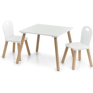 Kindertafel en stoelen - tafel en stoelen voor slaapkamer met 2 stoelen, hout, 55 x 55 x 43,5 cm, 28 x 28 x 50 cm, wit en beige