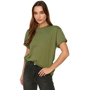 Trendyol Trendyol Basic T-shirt voor dames, oversized, standaard, ronde hals, dameshemd (1 stuk), Khaki (stad)