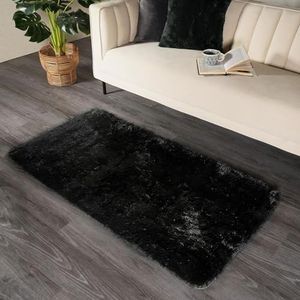 Sienna Pluizig hoogpolig tapijt voor woonkamer, slaapkamer, ultrazacht, pluisvrij, zwart, 120 x 170 cm