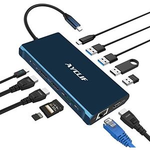 12-in-1 USB C HUB, AYCLIF USB C dockingstation Triple Display 4K DP/2*HDMI, MacBook Pro/Air USB C-adapter (5Gbps USB A/C 3.0,1G Ethernet, PD 100W, 3,5mm Mic, SD/TF) voor Dell, HP, Lenovo