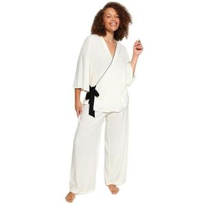 Trendyol Ensemble pyjama à manches longues pour femme - Coupe droite - Grande taille, ecru, 44 grande taille