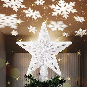 Bakaji Lichtgevende sterrenpunt met speelverlichting, sneeuwvlokken met reflecties op het plafond, hoogte 26 cm, kerstboom, decoratie met glitters (zilver)