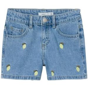 NAME IT Short en jean pour fille, coupe droite, Denim bleu clair - D�étails : broderie citron, 116