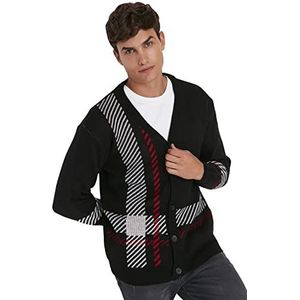 Trendyol Cardigan Régulier À Col en V avec Motif Géométrique Sweater Homme, Noir, M