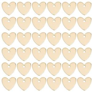 Beebeecraft 1 doos 50 stuks hangers hart van goud 18K verguld messing verguld platte liefdesbedels met gat van 1 mm voor het maken van sieraden, halskettingen, armbanden, knutselen, messing, Messing
