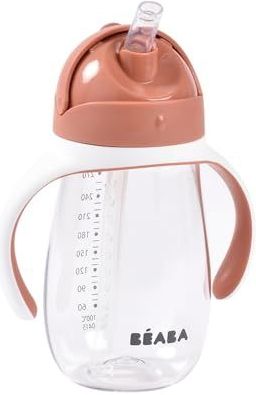 BÉABA, Drinkfles/drinkbeker, 2-in-1, rietjesbeker voor kinderen, 100% waterdicht, lekvrij, gemakkelijk te openen, afneembare handgrepen, Tritan en siliconen, 300 ml, terracotta