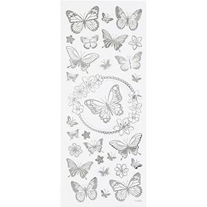 Sticker vlinders, blad 10 x 24 cm, ca. 28 stuks, zilver, vlinders, 1 vel