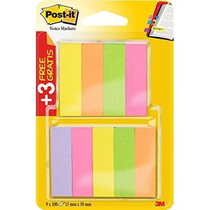 Post-It Papieren bladwijzers, verschillende kleuren, 15 mm x 50 mm, promotionele verpakking, 100 vellen, 6 blokken + 3 gratis