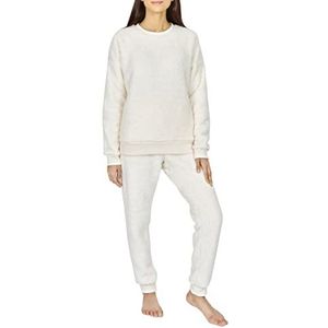 Sleepdown 2-delige fleece pyjama-set voor dames, warm, zacht, comfortabel, lange mouwen, met broek, Crème