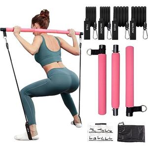 Pilates-oefenset met 4 weerstandsbanden (2 solide en 2 standaarden), compacte 3 delen voor benen en billen, pilatesstang met voetriem voor training van het hele lichaam (roze)