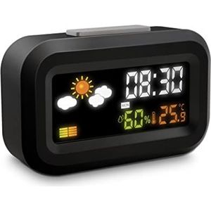 Metronic 477340 Digitale reiswekker op batterijen, lcd-display met achtergrondverlichting, 12/24 uur klok, snooze, kalender, weer, temperatuur, vochtigheid