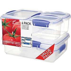 Sistema KLIP IT Meerdelige voedselopslagcontainers, stapelbare lunchboxen met clipsluitdeksels, BPA-vrij, blauwe clips, verschillende maten | 6 stuks