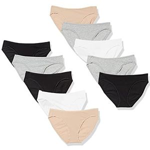 Amazon Essentials Set van 10 katoenen bikinibroekjes voor dames (verkrijgbaar in grote maten), zwart/grijs gemêleerd/lichtroze/wit, maat M