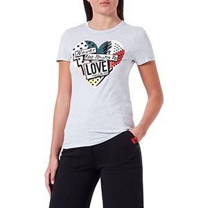 Love Moschino Dames T-shirt met korte mouwen en patchwork print in hartvorm, lichtgrijs gemêleerd