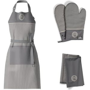 MasterChef Set van 3 keukendoeken, keukenschort en ovenhandschoenen, hittebestendig, grijs, 100% katoen, met ophanglussen, machinewasbaar