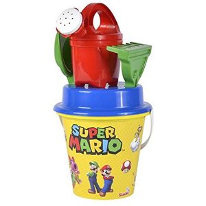Simba 109234594 Super Mario Emmerset, zandspeelgoed, 5-delig, emmer, zeef, schep, hark, gieter, 16 cm, diameter 17 cm, vanaf 10 maanden, meerkleurig