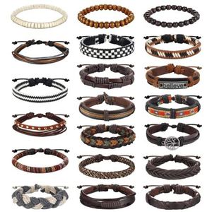Diamday 20 stuks armbanden van gevlochten leer voor mannen en vrouwen, hout, parel, hennepkoord, geweven, manchet, wrap, cool, etnische armband, tribal touw, cadeauset voor Vaderdag