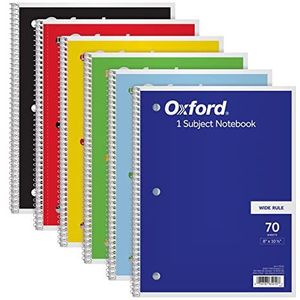 Oxford 6 x spiraalbinding, 1 onderwerp, gelinieerd papier, breed, 20,3 x 26,7 cm, blauw, geel, rood, lichtblauw, groen en zwart, 70 vellen (65010)