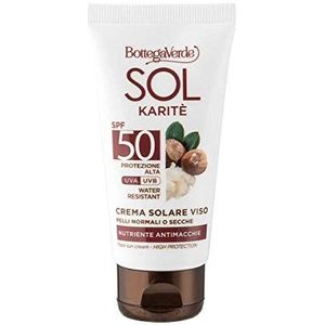 Bottega Verde, SOL Karite - Zonnebrandcrème voor het gezicht - voedend tegen vlekken - met sheaboter - hoge bescherming SPF50 (50 ml) - Waterbestendig - Normale of droge huid