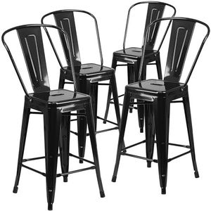 Flash Furniture Baliekruk voor binnen en buiten, van metaal, met rugleuning, 61 cm, zwart, 4 stuks