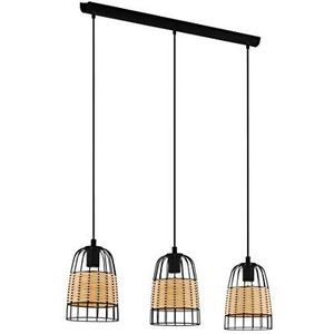 EGLO Anwick Hanglamp, 3-vlammige hanglamp in vintage- en bohostijl, hanglamp van staal en rotan, eettafellamp, woonkamerlamp, hangend in zwart, naturel, E27-fitting