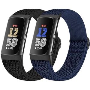 Bcuckood 2 stuks elastische nylon armbanden, compatibel met Fitbit Charge 6/Fitbit Charge 5, verstelbaar en ademend, rekbare nylon sportarmbanden voor dames en heren, Geen edelsteen