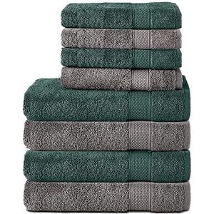 Komfortec 8-delige handdoekenset van 100% katoen 70 x 140 cm en 4 handdoeken 50 x 100 cm, badstof, zacht, groot, antracietgrijs/donkergroen