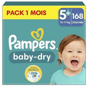 Pampers Baby-Dry luiers, maat 5+ (12-17 kg), 168 luiers voor baby's, 1 maand, tot 12 uur, droog met de Stop & Protect-zak, nu met meer luiers