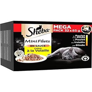 SHEBA Mini-filets in saus selectie gevogelte schalen voor volwassen katten, 4 soorten, MEGA PACK 32 x 85 g