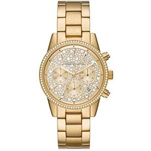 Michael Kors Ritz Dameshorloge, chronograaf uurwerk, roestvrijstalen of leren armband, Witte glitter en goudtint, MK7310