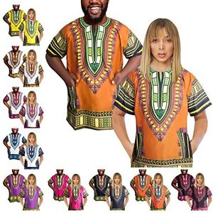 Adalex Global Traditioneel Afrikaans Dashiki-shirt, uniseks, tribal, festival, hippiefestival, voor dames en heren, Afrikaanse stijl, korte mouwen, met neuscadeau, oranje/groen