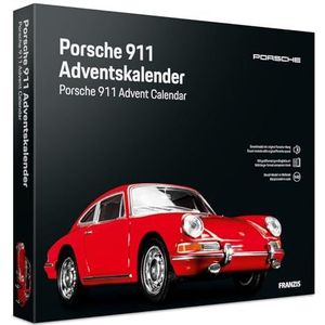 FRANZIS Porsche 911 Adventskalender van metaal in schaal 1:43 met geluidsmodule en 52 pagina's begeleidingsboek rood 55199