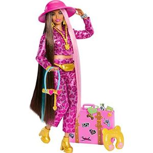 Barbie Extra Fly Safari beweegbare pop met modeset, koffer en reisaccessoires, speelgoed vanaf 3 jaar (Mattel HPT48)