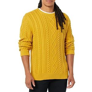 Amazon Essentials Pull à manches longues 100% coton Fisherman et col rond pour homme, jaune moutarde, taille XS